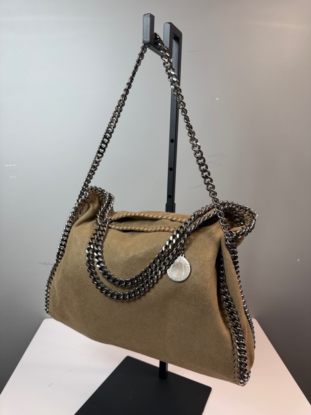 Stella McCartney Falabella Foldover Tote Tan Shaggy Deer Silver Chain Bag